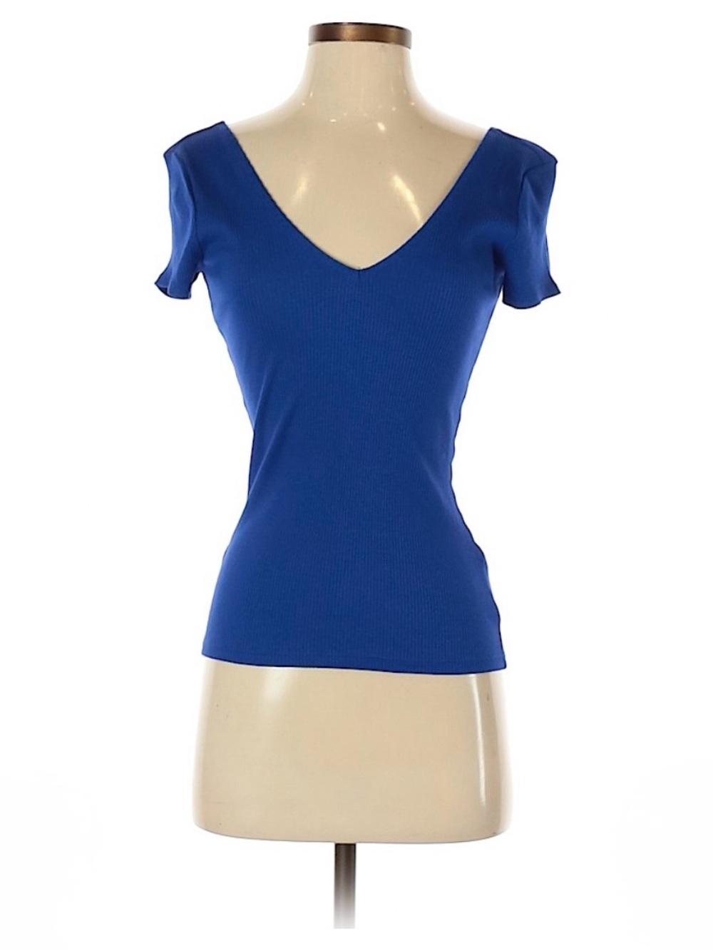 Express Royal Blue V-Neck Ribbed Short Sleeve Top